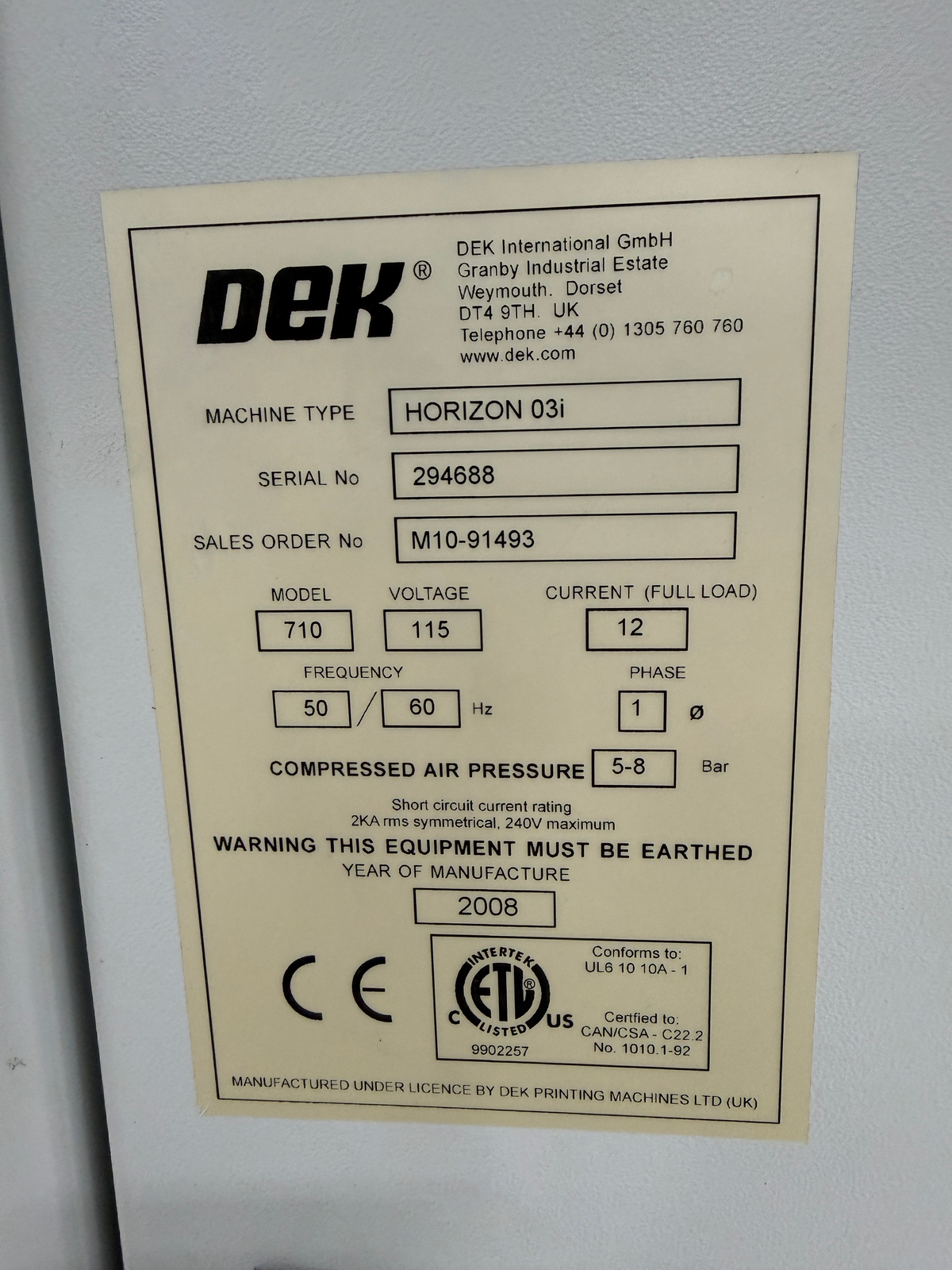 2008 DEK HORIZON 03i Screen Printer