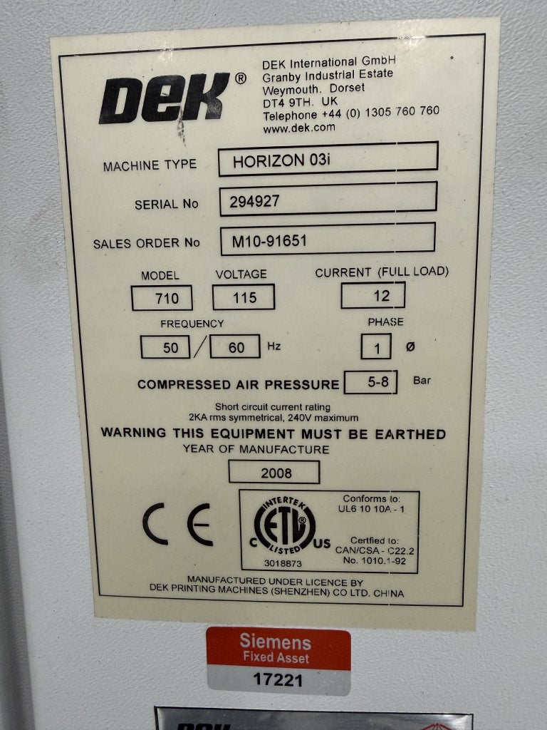 2008 DEK HORIZON 03i Screen Printer