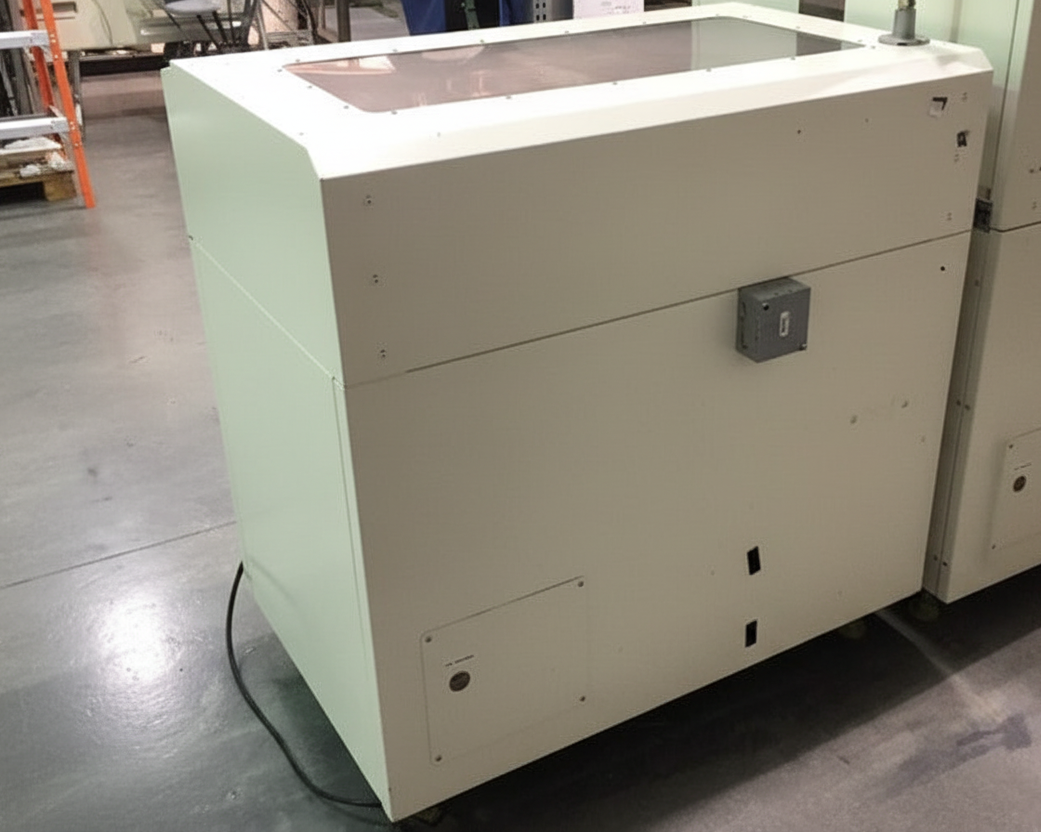 White industrial cabinet with a power outlet on a concrete floor
