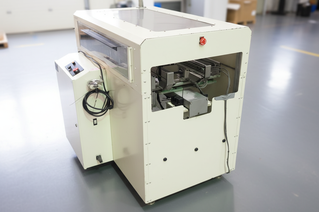 White industrial machine on a gray floor in an indoor setting